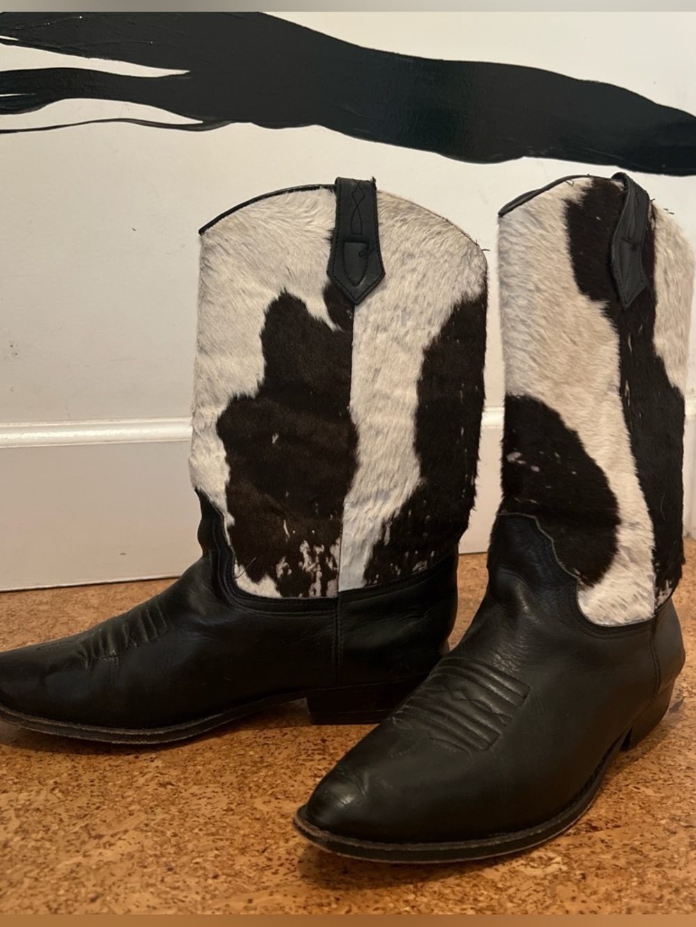 Vintage Black and White Cowhide Heeled Boots